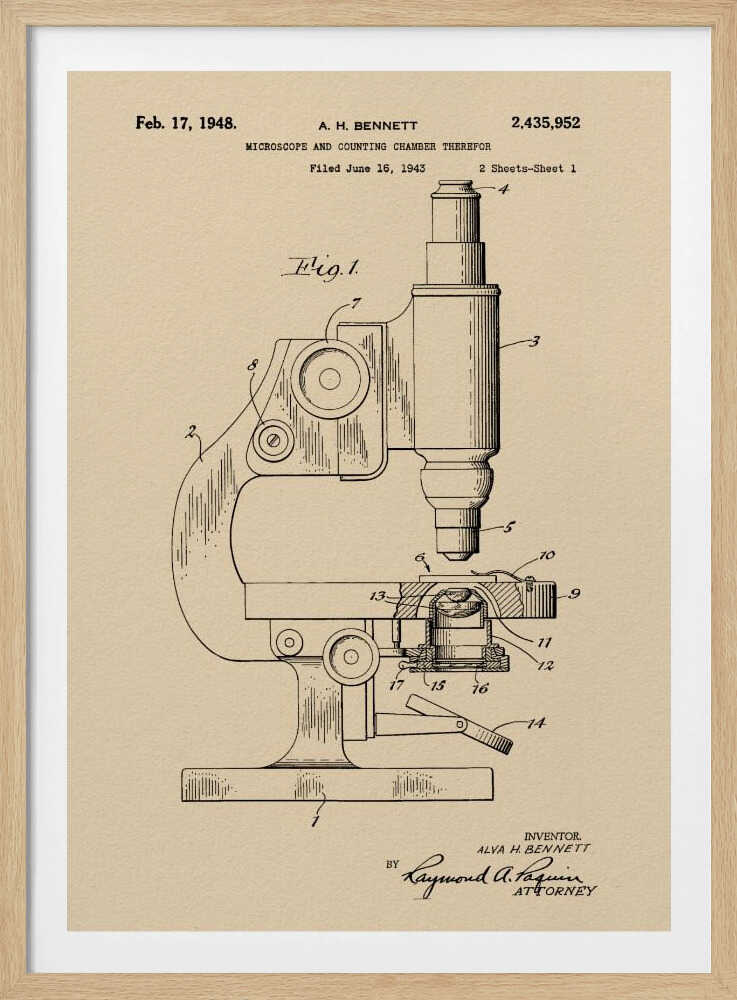 A framed vintage patent illustration for a microscope by A.H. Bennett, dated February 17, 1948. The black line drawing is on a tan, parchment-like background and shows a detailed side view of the microscope with its parts numbered, in the style of a technical blueprint. Wall Art