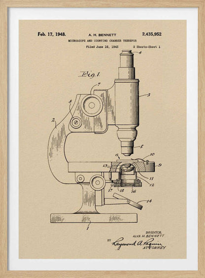 A framed vintage patent illustration for a microscope by A.H. Bennett, dated February 17, 1948. The black line drawing is on a tan, parchment-like background and shows a detailed side view of the microscope with its parts numbered, in the style of a technical blueprint. Wall Art