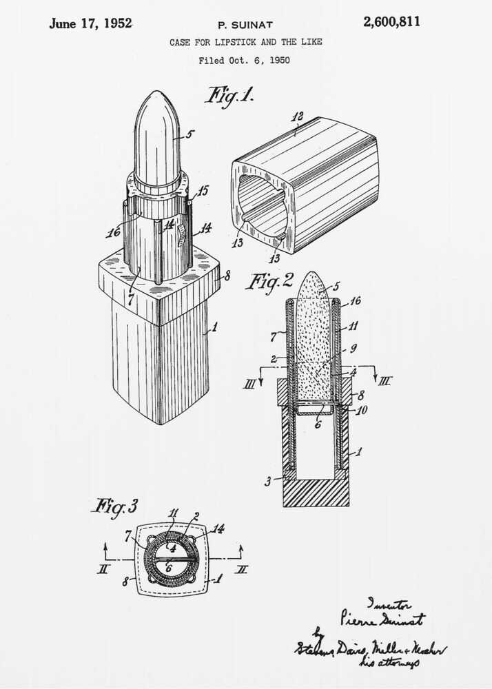 A framed black and white patent illustration for a lipstick case, dated June 17, 1952. The drawing, by inventor P. Suinat, shows detailed diagrams of the lipstick mechanism from different angles, including a perspective view, a cross-section, and a top-down view, all labeled with reference numbers. Poster