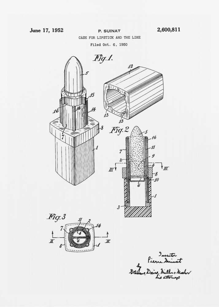A framed black and white patent illustration for a lipstick case, dated June 17, 1952. The drawing, by inventor P. Suinat, shows detailed diagrams of the lipstick mechanism from different angles, including a perspective view, a cross-section, and a top-down view, all labeled with reference numbers. Poster