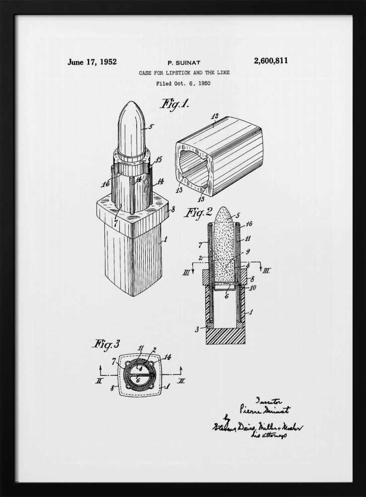 A framed black and white patent illustration for a lipstick case, dated June 17, 1952. The drawing, by inventor P. Suinat, shows detailed diagrams of the lipstick mechanism from different angles, including a perspective view, a cross-section, and a top-down view, all labeled with reference numbers. Poster