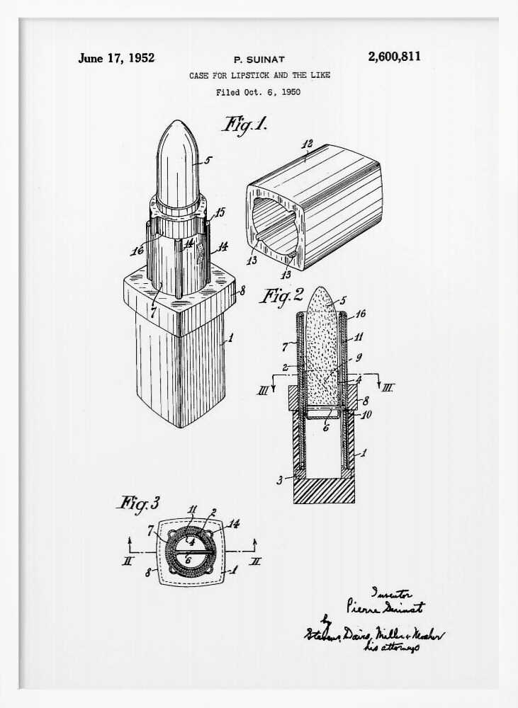 A framed black and white patent illustration for a lipstick case, dated June 17, 1952. The drawing, by inventor P. Suinat, shows detailed diagrams of the lipstick mechanism from different angles, including a perspective view, a cross-section, and a top-down view, all labeled with reference numbers. Poster