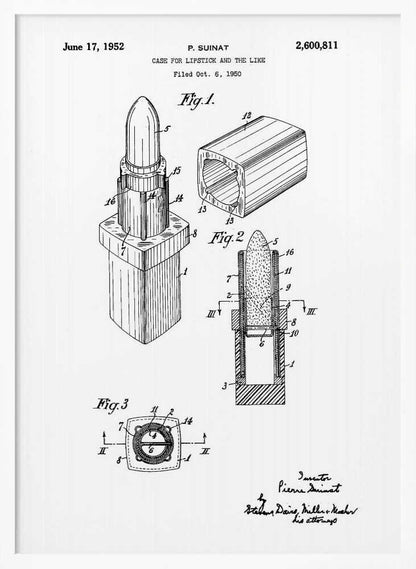 A framed black and white patent illustration for a lipstick case, dated June 17, 1952. The drawing, by inventor P. Suinat, shows detailed diagrams of the lipstick mechanism from different angles, including a perspective view, a cross-section, and a top-down view, all labeled with reference numbers. Poster