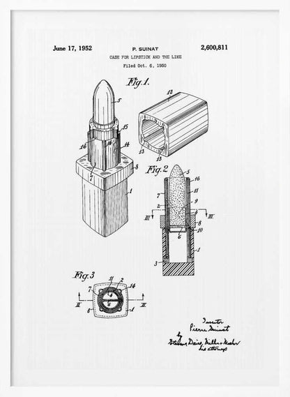 A framed black and white patent illustration for a lipstick case, dated June 17, 1952. The drawing, by inventor P. Suinat, shows detailed diagrams of the lipstick mechanism from different angles, including a perspective view, a cross-section, and a top-down view, all labeled with reference numbers. Poster