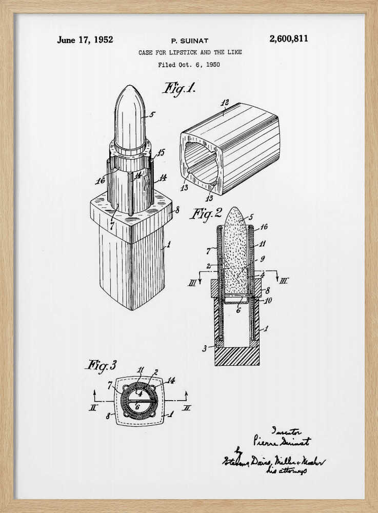 A framed black and white patent illustration for a lipstick case, dated June 17, 1952. The drawing, by inventor P. Suinat, shows detailed diagrams of the lipstick mechanism from different angles, including a perspective view, a cross-section, and a top-down view, all labeled with reference numbers. Poster