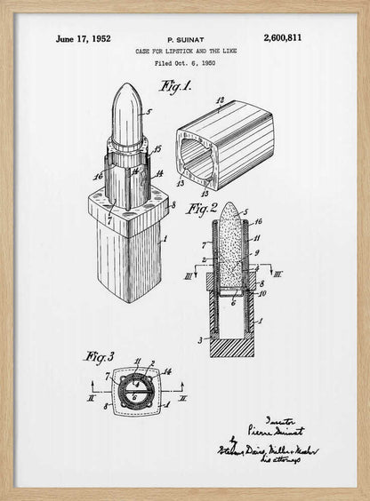 A framed black and white patent illustration for a lipstick case, dated June 17, 1952. The drawing, by inventor P. Suinat, shows detailed diagrams of the lipstick mechanism from different angles, including a perspective view, a cross-section, and a top-down view, all labeled with reference numbers. Poster