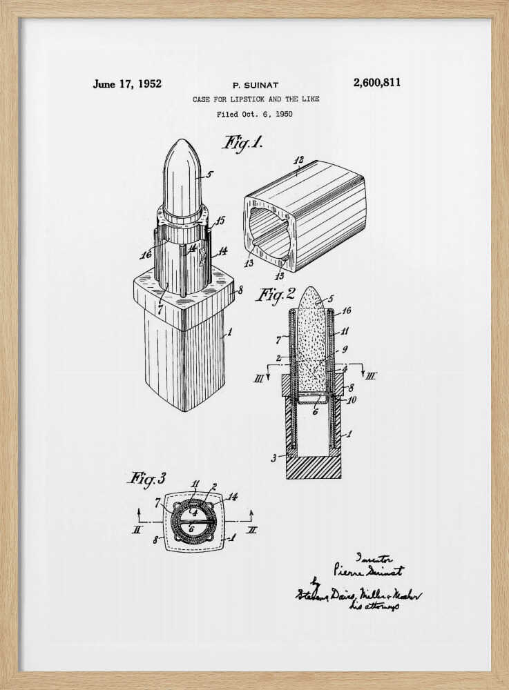 A framed black and white patent illustration for a lipstick case, dated June 17, 1952. The drawing, by inventor P. Suinat, shows detailed diagrams of the lipstick mechanism from different angles, including a perspective view, a cross-section, and a top-down view, all labeled with reference numbers. Poster