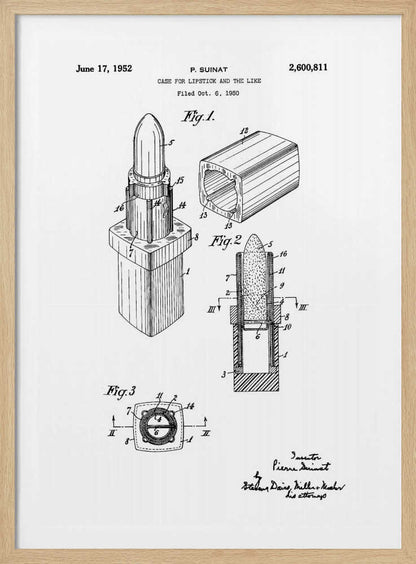 A framed black and white patent illustration for a lipstick case, dated June 17, 1952. The drawing, by inventor P. Suinat, shows detailed diagrams of the lipstick mechanism from different angles, including a perspective view, a cross-section, and a top-down view, all labeled with reference numbers. Poster