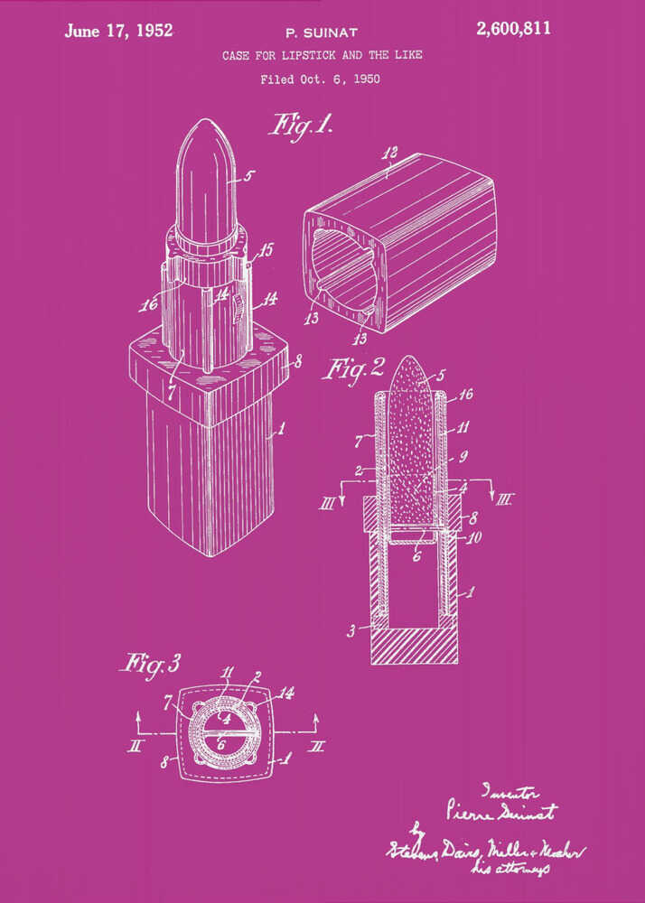 A framed patent illustration for a lipstick case from 1952, depicted in white line art on a vibrant magenta background. The poster shows multiple figures of the lipstick mechanism, including an isometric view, a cross-section, and a top-down view, all within a black frame. Poster