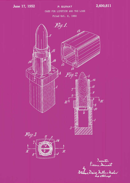 A framed patent illustration for a lipstick case from 1952, depicted in white line art on a vibrant magenta background. The poster shows multiple figures of the lipstick mechanism, including an isometric view, a cross-section, and a top-down view, all within a black frame. Poster