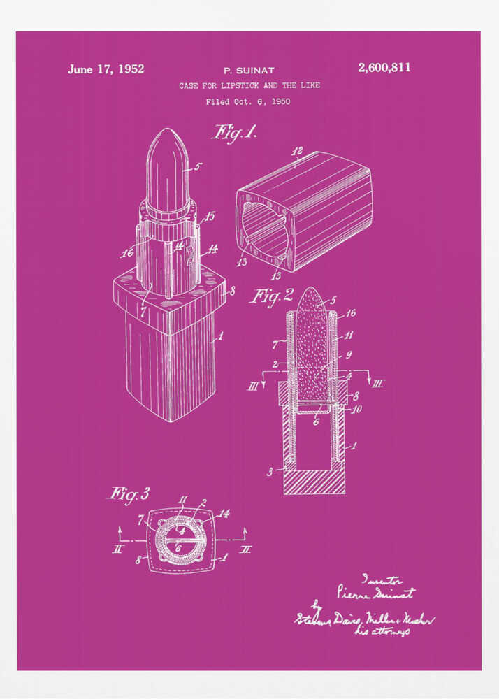 A framed patent illustration for a lipstick case from 1952, depicted in white line art on a vibrant magenta background. The poster shows multiple figures of the lipstick mechanism, including an isometric view, a cross-section, and a top-down view, all within a black frame. Poster