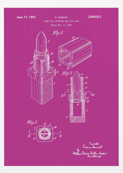 A framed patent illustration for a lipstick case from 1952, depicted in white line art on a vibrant magenta background. The poster shows multiple figures of the lipstick mechanism, including an isometric view, a cross-section, and a top-down view, all within a black frame. Poster