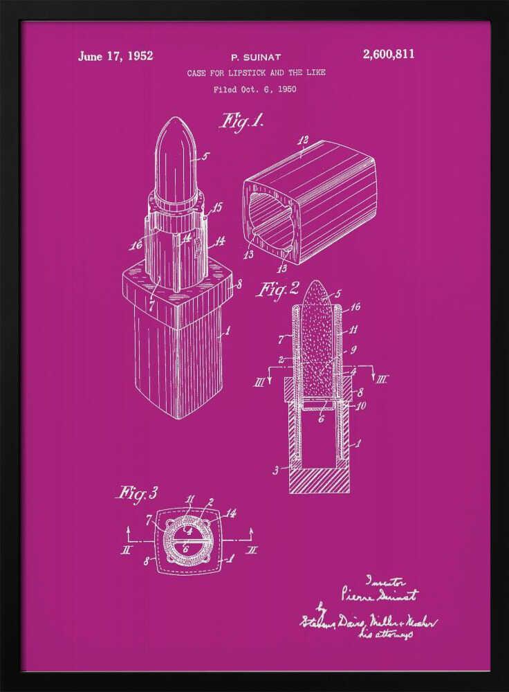 A framed patent illustration for a lipstick case from 1952, depicted in white line art on a vibrant magenta background. The poster shows multiple figures of the lipstick mechanism, including an isometric view, a cross-section, and a top-down view, all within a black frame. Poster