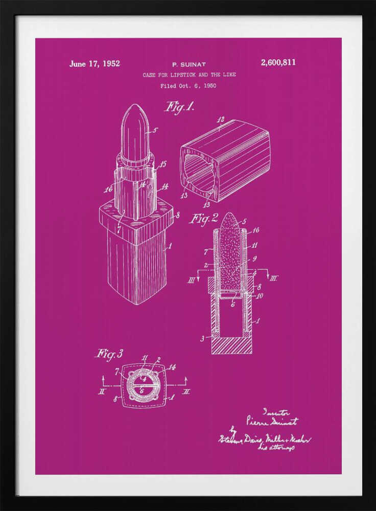 A framed patent illustration for a lipstick case from 1952, depicted in white line art on a vibrant magenta background. The poster shows multiple figures of the lipstick mechanism, including an isometric view, a cross-section, and a top-down view, all within a black frame. Poster