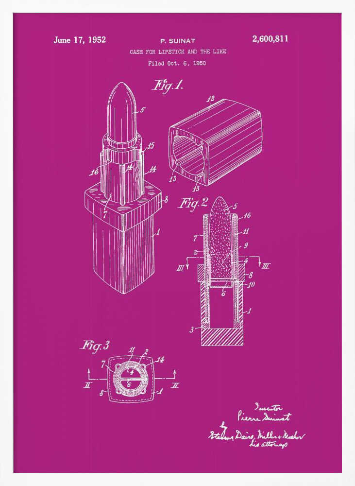 A framed patent illustration for a lipstick case from 1952, depicted in white line art on a vibrant magenta background. The poster shows multiple figures of the lipstick mechanism, including an isometric view, a cross-section, and a top-down view, all within a black frame. Poster