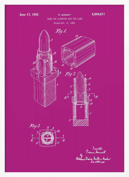 A framed patent illustration for a lipstick case from 1952, depicted in white line art on a vibrant magenta background. The poster shows multiple figures of the lipstick mechanism, including an isometric view, a cross-section, and a top-down view, all within a black frame. Poster