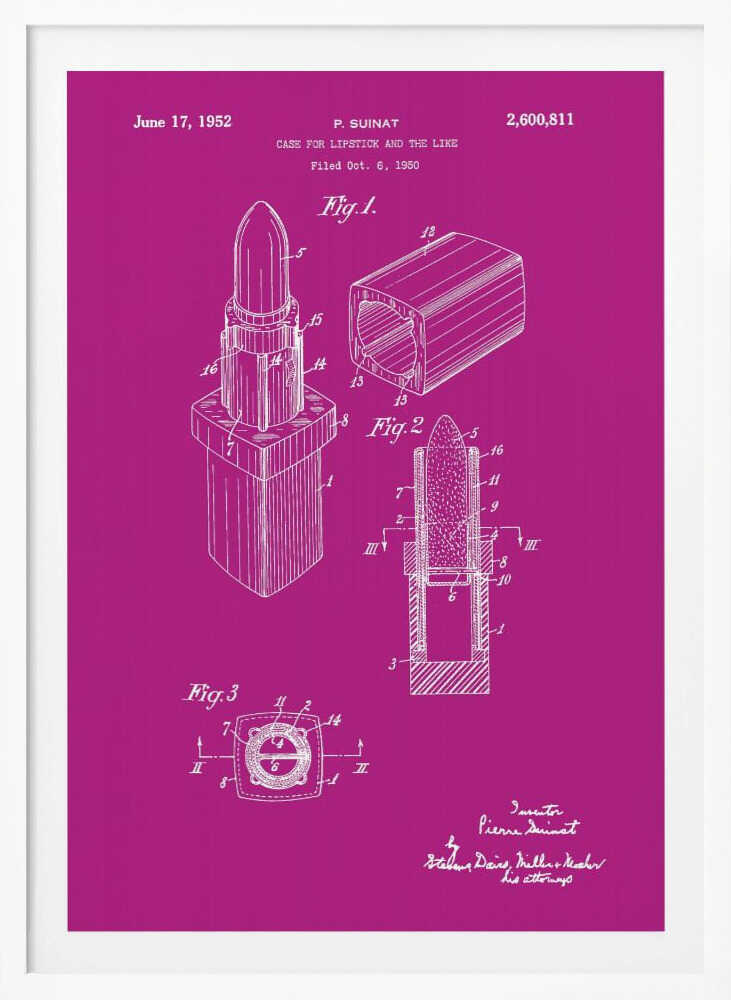 A framed patent illustration for a lipstick case from 1952, depicted in white line art on a vibrant magenta background. The poster shows multiple figures of the lipstick mechanism, including an isometric view, a cross-section, and a top-down view, all within a black frame. Poster