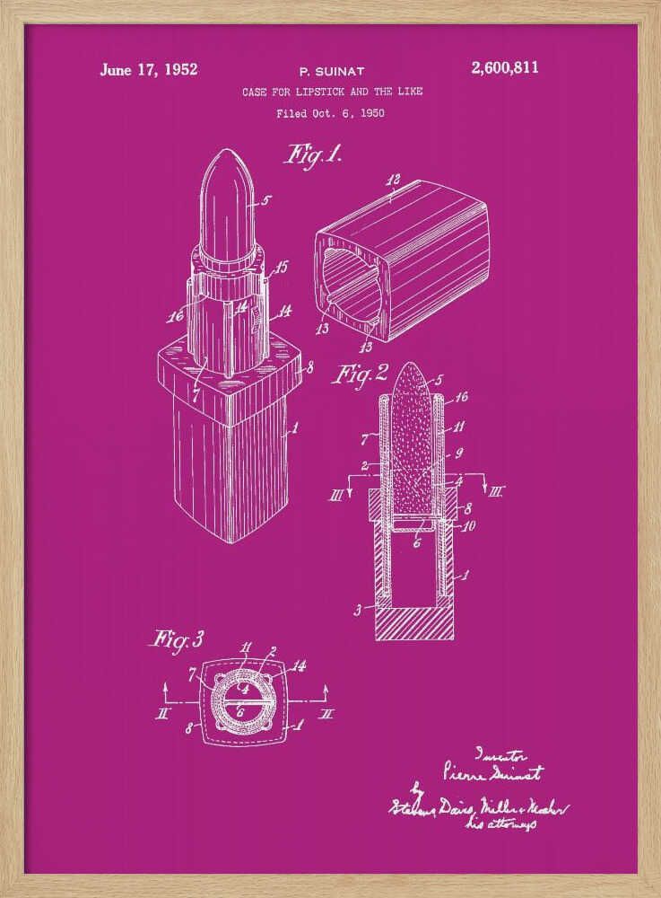 A framed patent illustration for a lipstick case from 1952, depicted in white line art on a vibrant magenta background. The poster shows multiple figures of the lipstick mechanism, including an isometric view, a cross-section, and a top-down view, all within a black frame. Poster