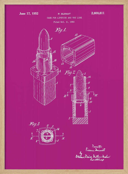 A framed patent illustration for a lipstick case from 1952, depicted in white line art on a vibrant magenta background. The poster shows multiple figures of the lipstick mechanism, including an isometric view, a cross-section, and a top-down view, all within a black frame. Poster