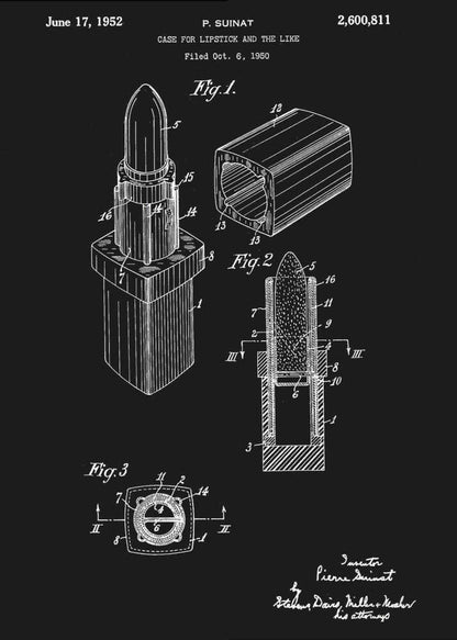 A framed black and white patent illustration for a lipstick case from 1952. The technical drawing shows three figures detailing the lipstick's design, including an isometric view, a cross-section, and a top-down view, all rendered in white lines on a black background. Poster
