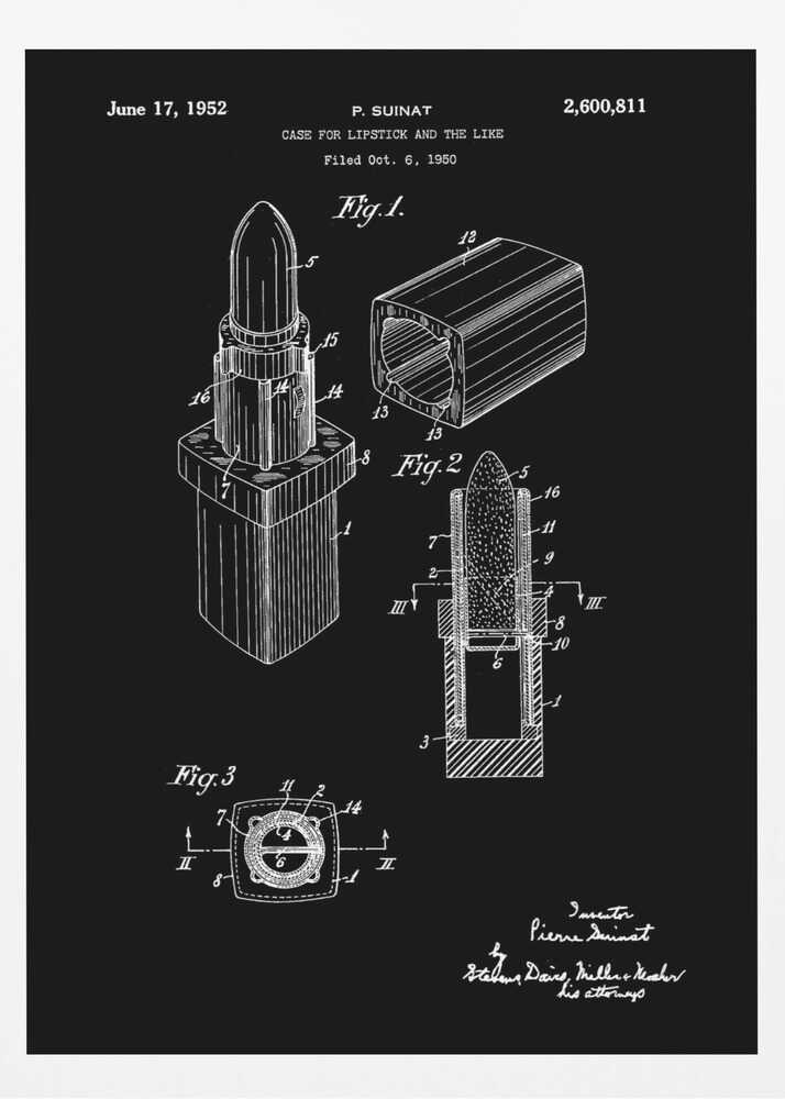 A framed black and white patent illustration for a lipstick case from 1952. The technical drawing shows three figures detailing the lipstick's design, including an isometric view, a cross-section, and a top-down view, all rendered in white lines on a black background. Poster