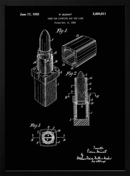 A framed black and white patent illustration for a lipstick case from 1952. The technical drawing shows three figures detailing the lipstick's design, including an isometric view, a cross-section, and a top-down view, all rendered in white lines on a black background. Poster
