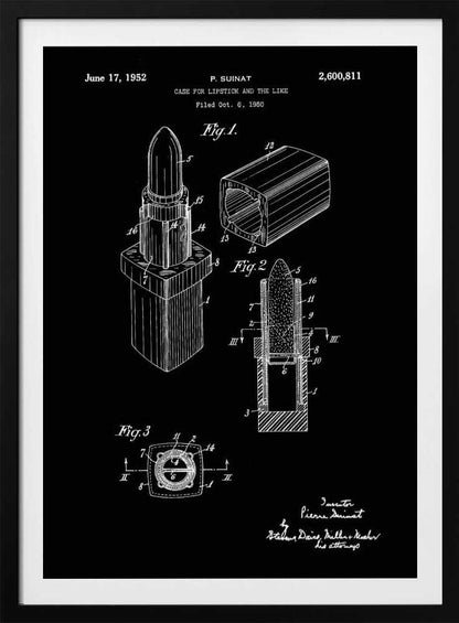 A framed black and white patent illustration for a lipstick case from 1952. The technical drawing shows three figures detailing the lipstick's design, including an isometric view, a cross-section, and a top-down view, all rendered in white lines on a black background. Poster