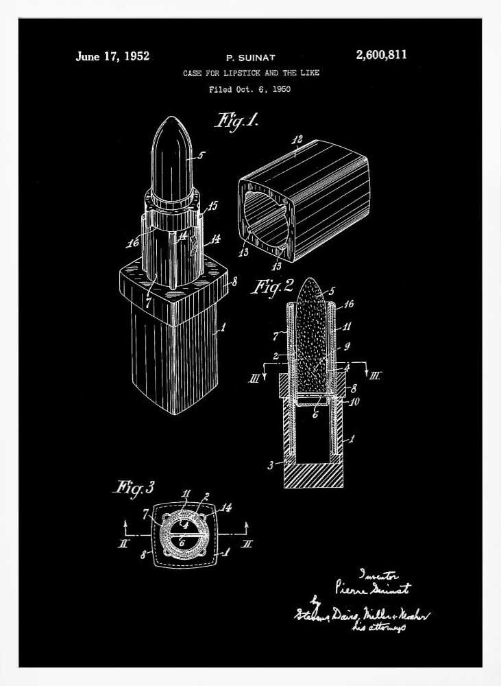 A framed black and white patent illustration for a lipstick case from 1952. The technical drawing shows three figures detailing the lipstick's design, including an isometric view, a cross-section, and a top-down view, all rendered in white lines on a black background. Poster