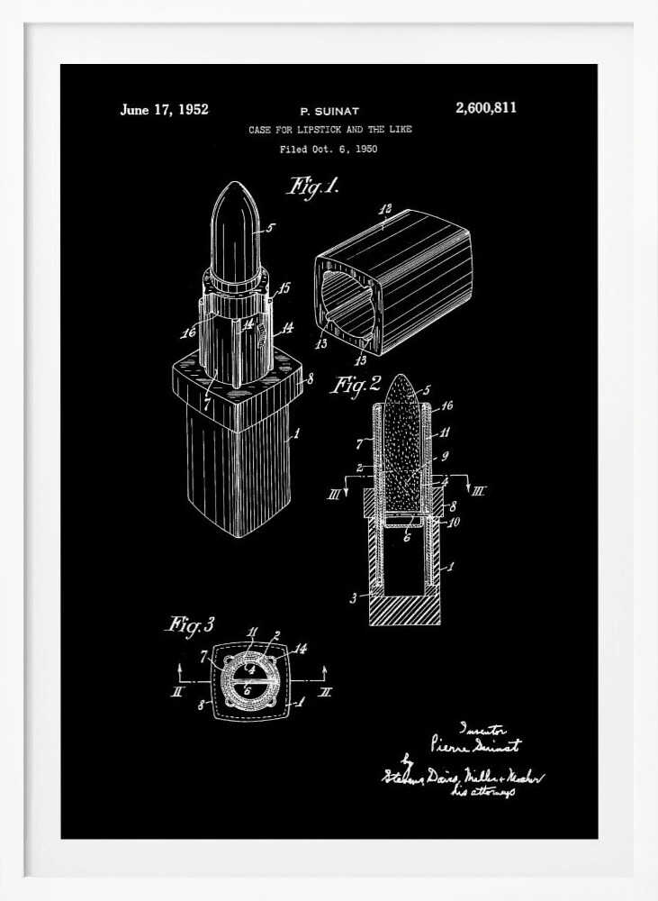 A framed black and white patent illustration for a lipstick case from 1952. The technical drawing shows three figures detailing the lipstick's design, including an isometric view, a cross-section, and a top-down view, all rendered in white lines on a black background. Poster