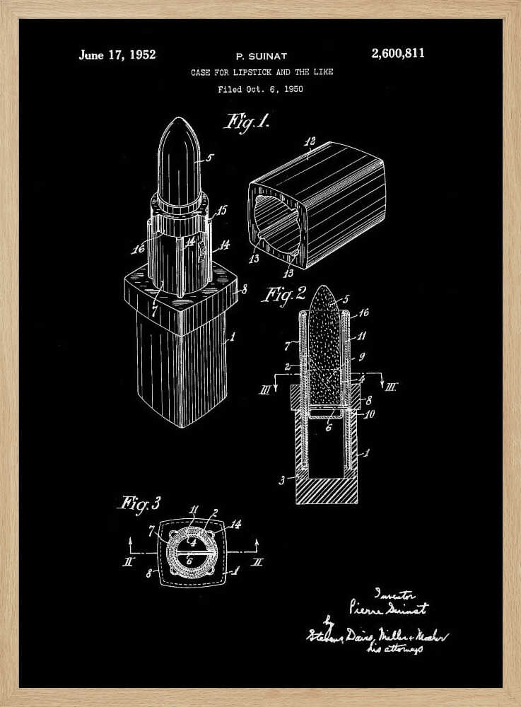 A framed black and white patent illustration for a lipstick case from 1952. The technical drawing shows three figures detailing the lipstick's design, including an isometric view, a cross-section, and a top-down view, all rendered in white lines on a black background. Poster