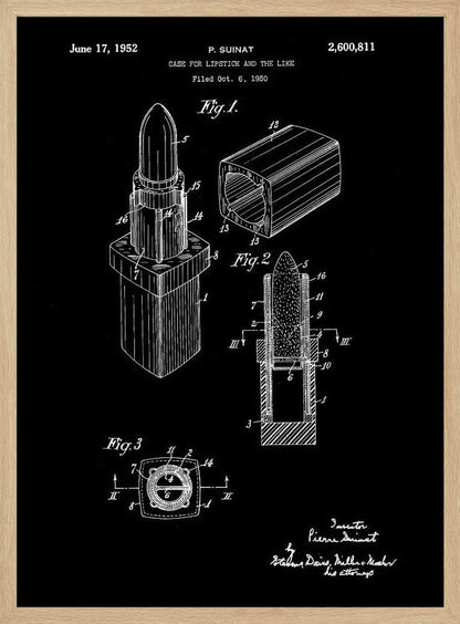 A framed black and white patent illustration for a lipstick case from 1952. The technical drawing shows three figures detailing the lipstick's design, including an isometric view, a cross-section, and a top-down view, all rendered in white lines on a black background. Poster