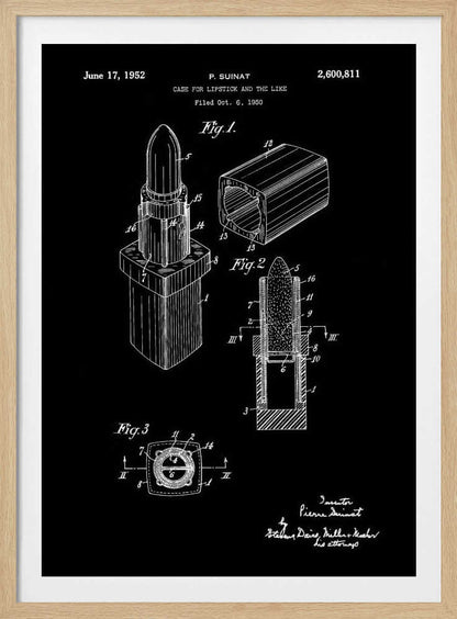 A framed black and white patent illustration for a lipstick case from 1952. The technical drawing shows three figures detailing the lipstick's design, including an isometric view, a cross-section, and a top-down view, all rendered in white lines on a black background. Poster