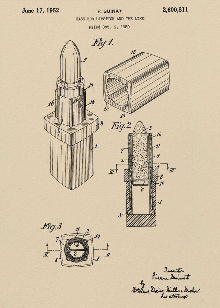 A framed vintage patent illustration for a lipstick case dated June 17, 1952. The schematic, printed in black ink on beige paper, displays various figures of the lipstick and its casing from different perspectives, including a cross-section. Print