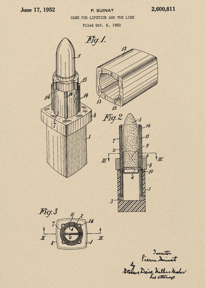 A framed vintage patent illustration for a lipstick case dated June 17, 1952. The schematic, printed in black ink on beige paper, displays various figures of the lipstick and its casing from different perspectives, including a cross-section. Print
