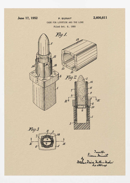 A framed vintage patent illustration for a lipstick case dated June 17, 1952. The schematic, printed in black ink on beige paper, displays various figures of the lipstick and its casing from different perspectives, including a cross-section. Print