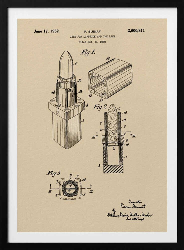 A framed vintage patent illustration for a lipstick case dated June 17, 1952. The schematic, printed in black ink on beige paper, displays various figures of the lipstick and its casing from different perspectives, including a cross-section. Print