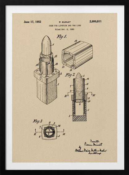 A framed vintage patent illustration for a lipstick case dated June 17, 1952. The schematic, printed in black ink on beige paper, displays various figures of the lipstick and its casing from different perspectives, including a cross-section. Print