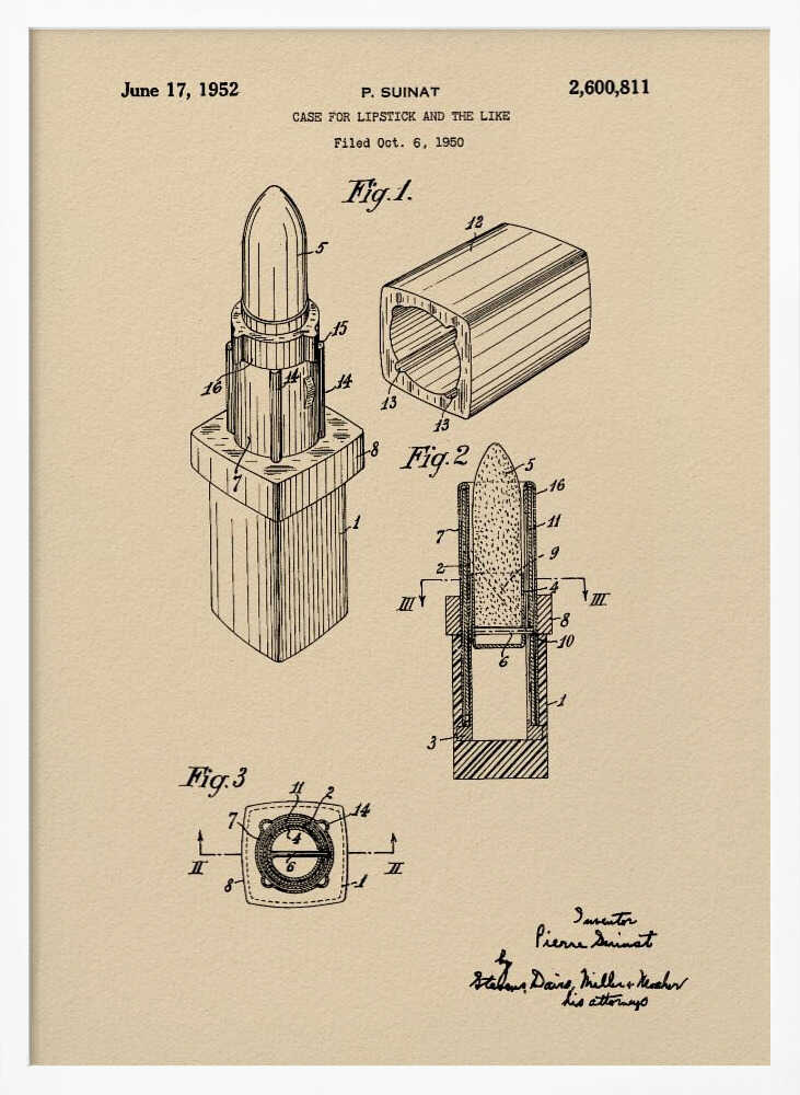 A framed vintage patent illustration for a lipstick case dated June 17, 1952. The schematic, printed in black ink on beige paper, displays various figures of the lipstick and its casing from different perspectives, including a cross-section. Print