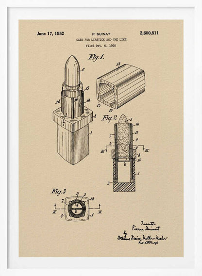 A framed vintage patent illustration for a lipstick case dated June 17, 1952. The schematic, printed in black ink on beige paper, displays various figures of the lipstick and its casing from different perspectives, including a cross-section. Print