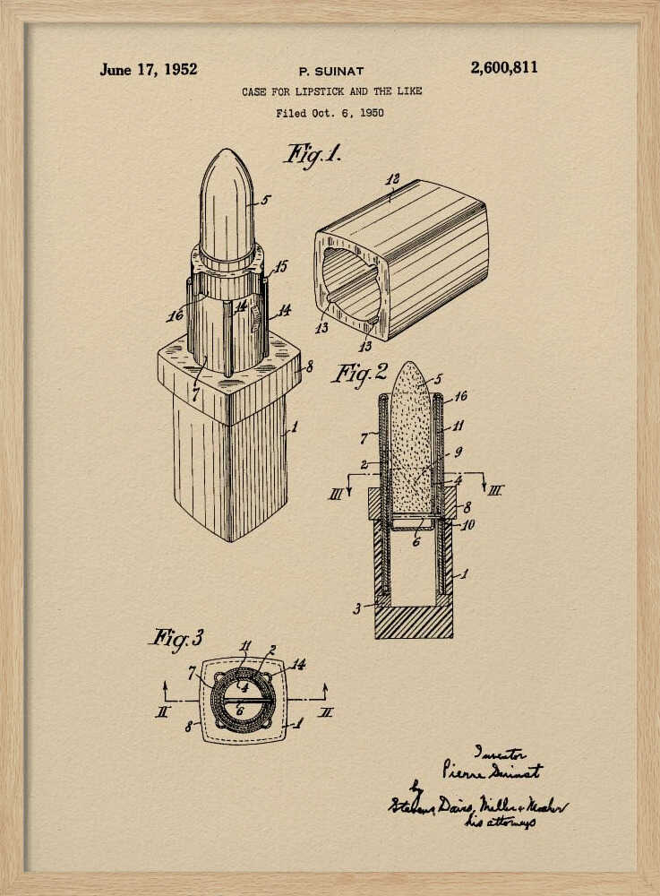 A framed vintage patent illustration for a lipstick case dated June 17, 1952. The schematic, printed in black ink on beige paper, displays various figures of the lipstick and its casing from different perspectives, including a cross-section. Print