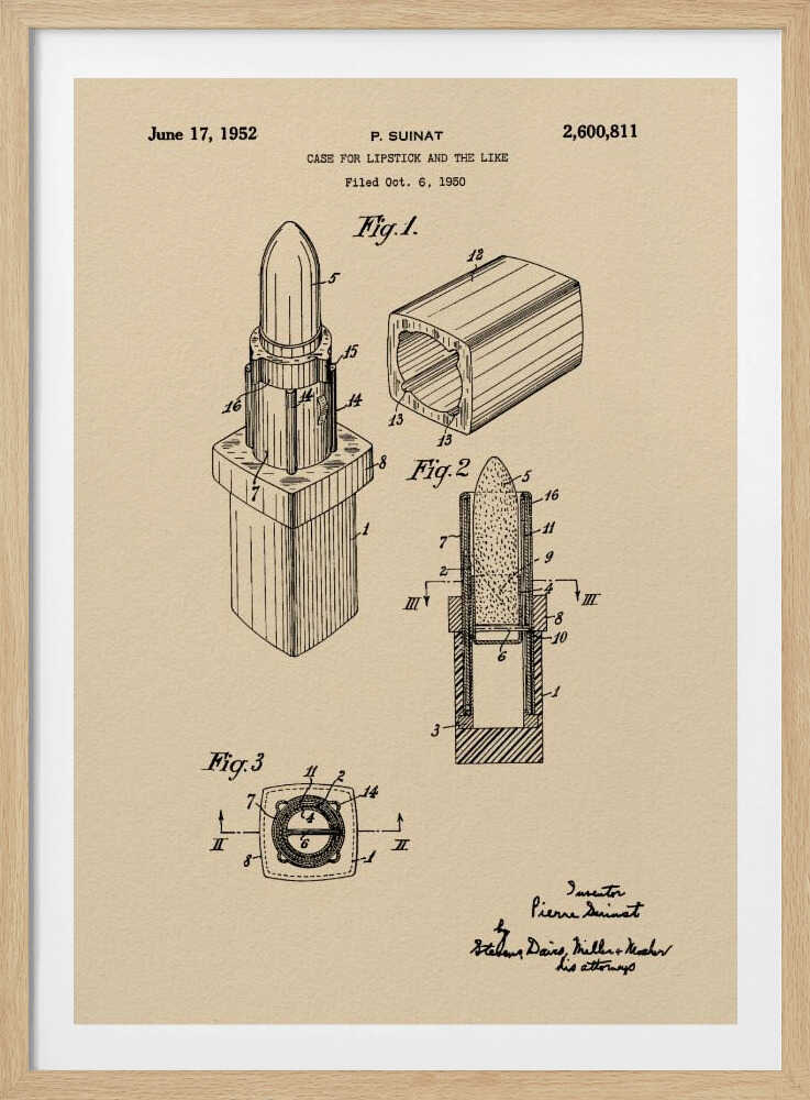 A framed vintage patent illustration for a lipstick case dated June 17, 1952. The schematic, printed in black ink on beige paper, displays various figures of the lipstick and its casing from different perspectives, including a cross-section. Print