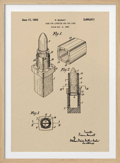 A framed vintage patent illustration for a lipstick case dated June 17, 1952. The schematic, printed in black ink on beige paper, displays various figures of the lipstick and its casing from different perspectives, including a cross-section. Print