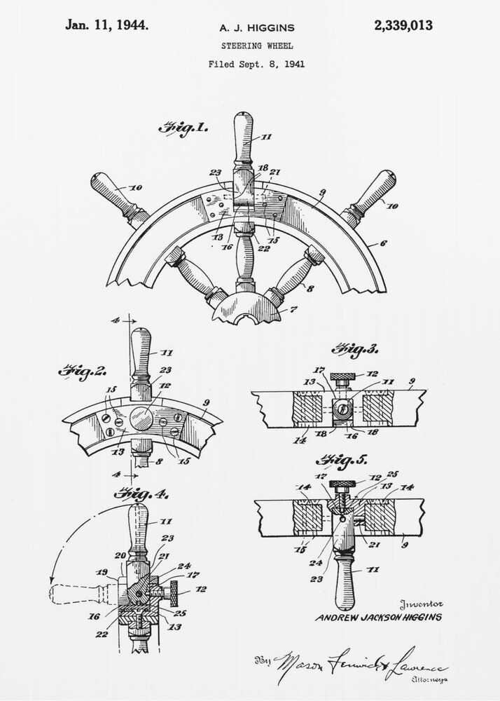 A framed black and white patent illustration for a steering wheel, invented by A. J. Higgins. The document, dated January 11, 1944, displays five detailed figures showing different views and cross-sections of the nautical wheel's construction. Wall Art