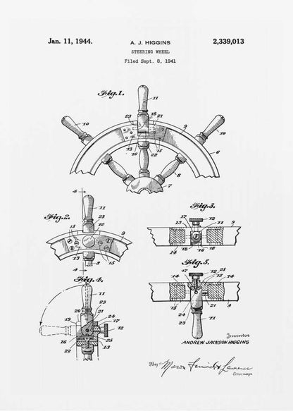 A framed black and white patent illustration for a steering wheel, invented by A. J. Higgins. The document, dated January 11, 1944, displays five detailed figures showing different views and cross-sections of the nautical wheel's construction. Wall Art