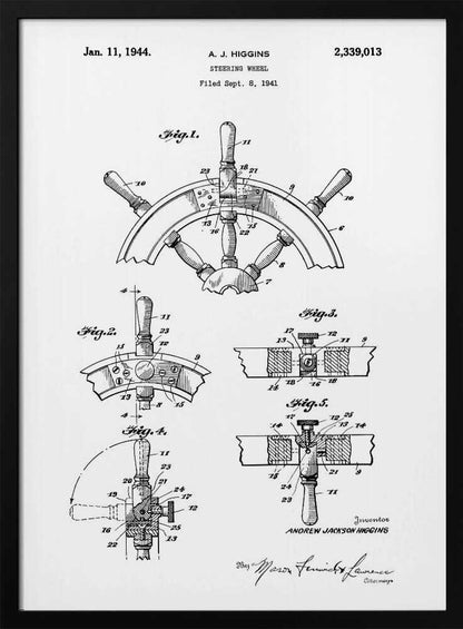A framed black and white patent illustration for a steering wheel, invented by A. J. Higgins. The document, dated January 11, 1944, displays five detailed figures showing different views and cross-sections of the nautical wheel's construction. Wall Art