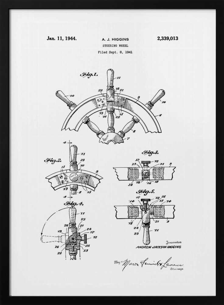 A framed black and white patent illustration for a steering wheel, invented by A. J. Higgins. The document, dated January 11, 1944, displays five detailed figures showing different views and cross-sections of the nautical wheel's construction. Wall Art