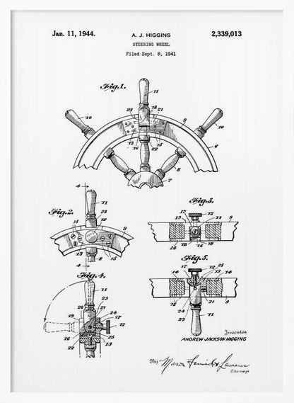 A framed black and white patent illustration for a steering wheel, invented by A. J. Higgins. The document, dated January 11, 1944, displays five detailed figures showing different views and cross-sections of the nautical wheel's construction. Wall Art
