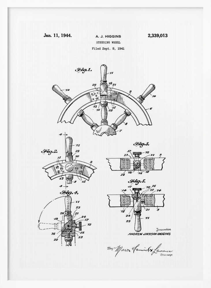 A framed black and white patent illustration for a steering wheel, invented by A. J. Higgins. The document, dated January 11, 1944, displays five detailed figures showing different views and cross-sections of the nautical wheel's construction. Wall Art
