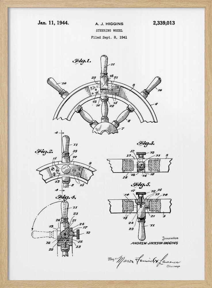 A framed black and white patent illustration for a steering wheel, invented by A. J. Higgins. The document, dated January 11, 1944, displays five detailed figures showing different views and cross-sections of the nautical wheel's construction. Wall Art