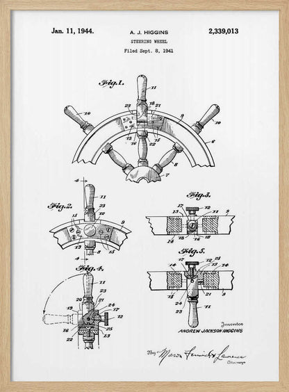 A framed black and white patent illustration for a steering wheel, invented by A. J. Higgins. The document, dated January 11, 1944, displays five detailed figures showing different views and cross-sections of the nautical wheel's construction. Wall Art